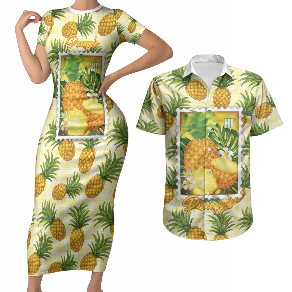 Aloha Hawaii Hala Kahiki Palaka Motifs Couples Matching Short Sleeve Bodycon Dress and Hawaiian Shirt Hawaiian Pineapple Stylized Stamp LT14 Yellow - Polynesian Pride