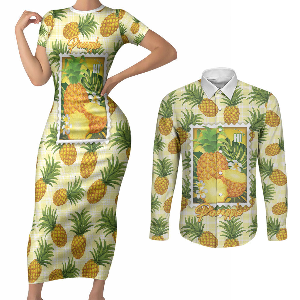 Aloha Hawaii Hala Kahiki Palaka Motifs Couples Matching Short Sleeve Bodycon Dress and Long Sleeve Button Shirt Hawaiian Pineapple Stylized Stamp LT14 Yellow - Polynesian Pride