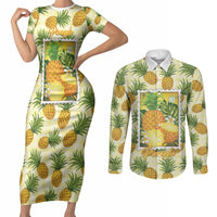 Aloha Hawaii Hala Kahiki Palaka Motifs Couples Matching Short Sleeve Bodycon Dress and Long Sleeve Button Shirt Hawaiian Pineapple Stylized Stamp LT14 Yellow - Polynesian Pride