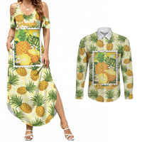 Aloha Hawaii Hala Kahiki Palaka Motifs Couples Matching Summer Maxi Dress and Long Sleeve Button Shirt Hawaiian Pineapple Stylized Stamp LT14 Yellow - Polynesian Pride