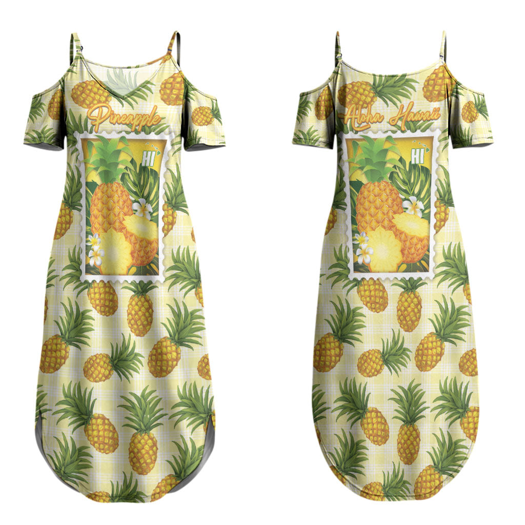 Aloha Hawaii Hala Kahiki Palaka Motifs Couples Matching Summer Maxi Dress and Long Sleeve Button Shirt Hawaiian Pineapple Stylized Stamp LT14 - Polynesian Pride
