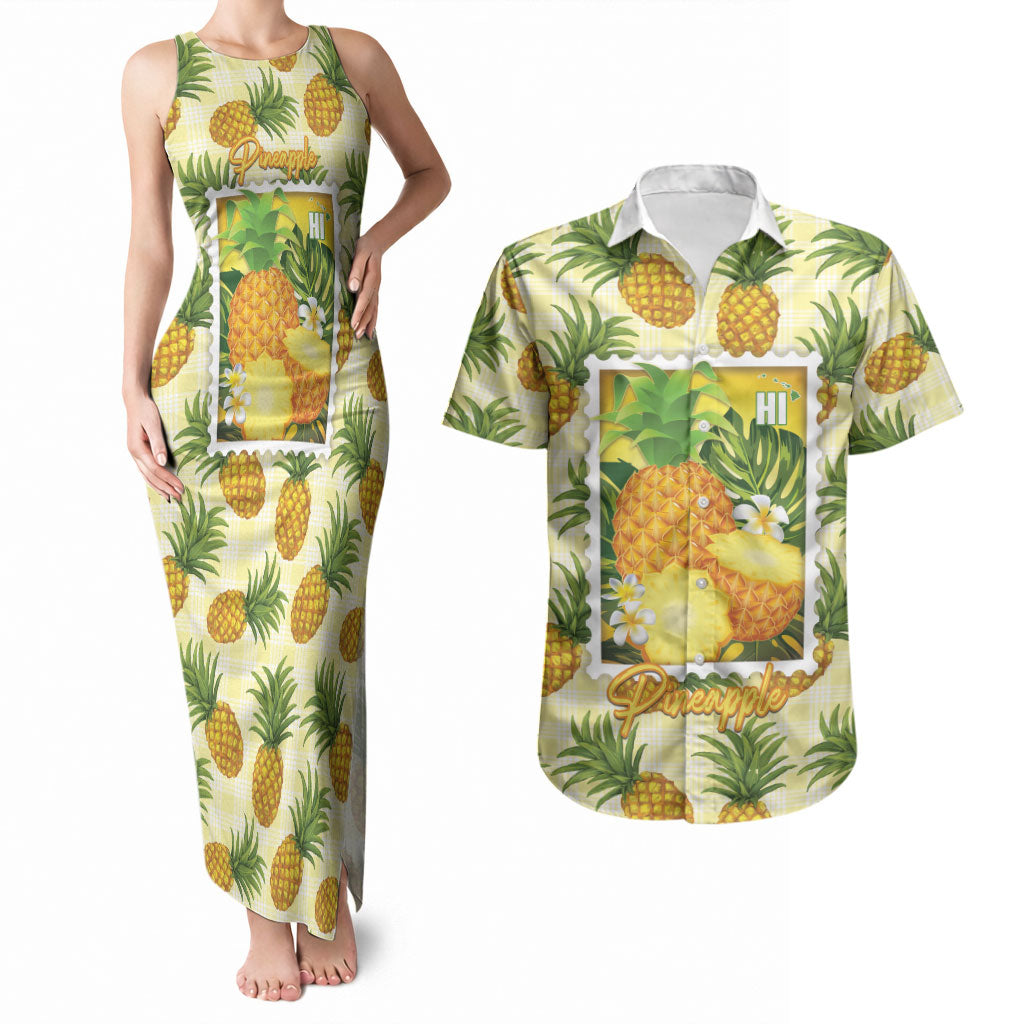 Aloha Hawaii Hala Kahiki Palaka Motifs Couples Matching Tank Maxi Dress and Hawaiian Shirt Hawaiian Pineapple Stylized Stamp LT14 Yellow - Polynesian Pride