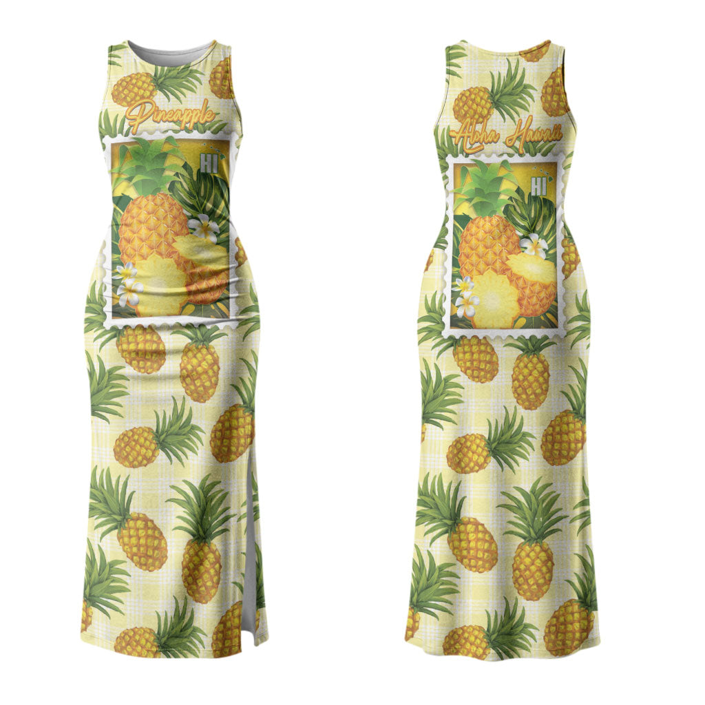 Aloha Hawaii Hala Kahiki Palaka Motifs Couples Matching Tank Maxi Dress and Long Sleeve Button Shirt Hawaiian Pineapple Stylized Stamp LT14 - Polynesian Pride