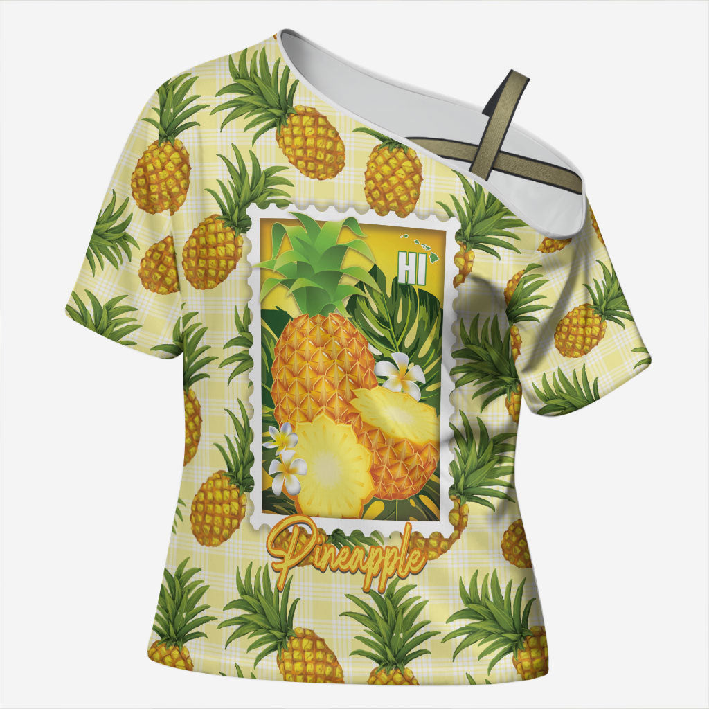 Aloha Hawaii Hala Kahiki Palaka Motifs Cross Shoulder Shirt Hawaiian Pineapple Stylized Stamp LT14 Female Yellow - Polynesian Pride