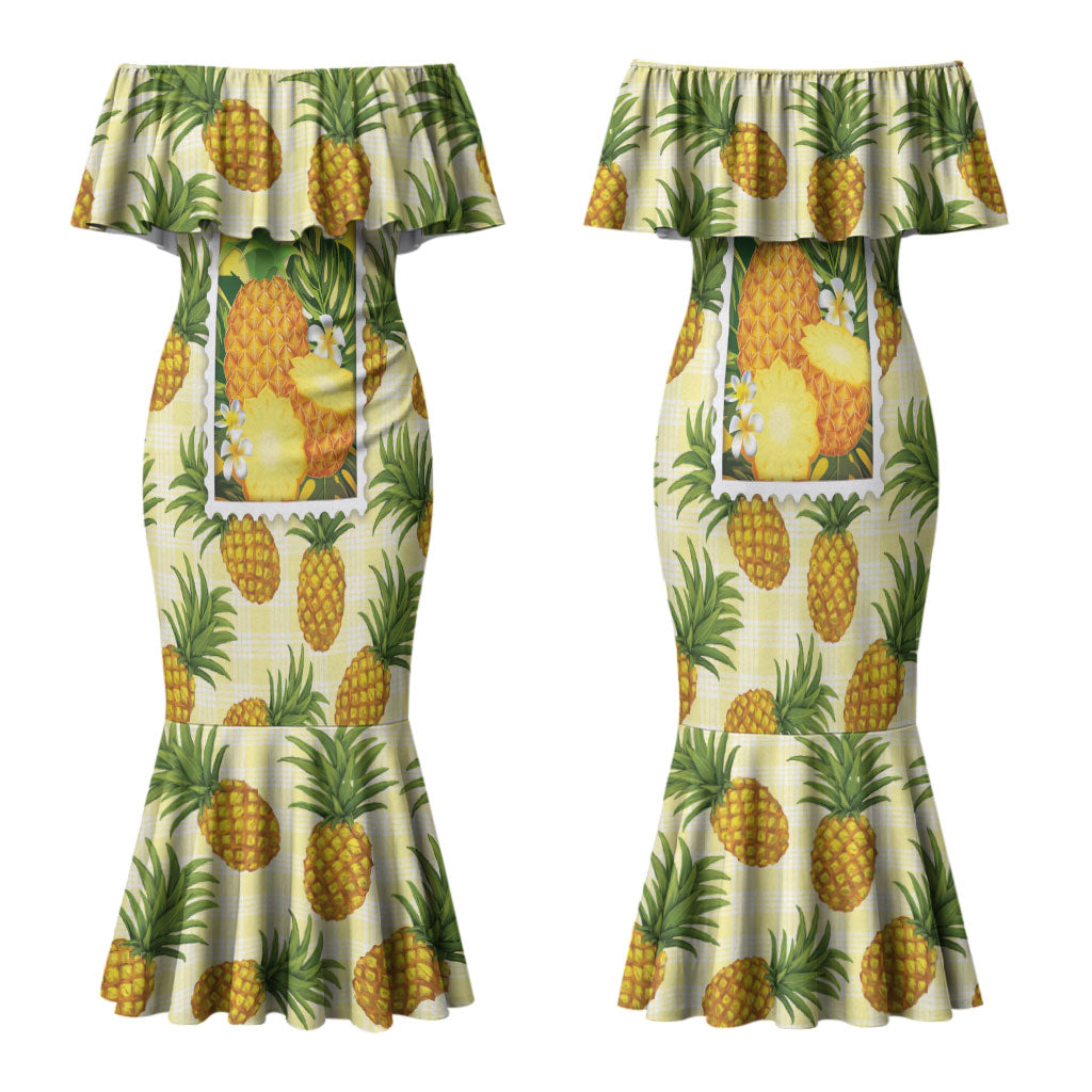 Aloha Hawaii Hala Kahiki Palaka Motifs Family Matching Mermaid Dress and Hawaiian Shirt Hawaiian Pineapple Stylized Stamp LT14 Mom's Dress Yellow - Polynesian Pride