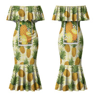 Aloha Hawaii Hala Kahiki Palaka Motifs Family Matching Mermaid Dress and Hawaiian Shirt Hawaiian Pineapple Stylized Stamp LT14 Mom's Dress Yellow - Polynesian Pride