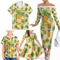 Aloha Hawaii Hala Kahiki Palaka Motifs Family Matching Off The Shoulder Long Sleeve Dress and Hawaiian Shirt Hawaiian Pineapple Stylized Stamp LT14 - Polynesian Pride