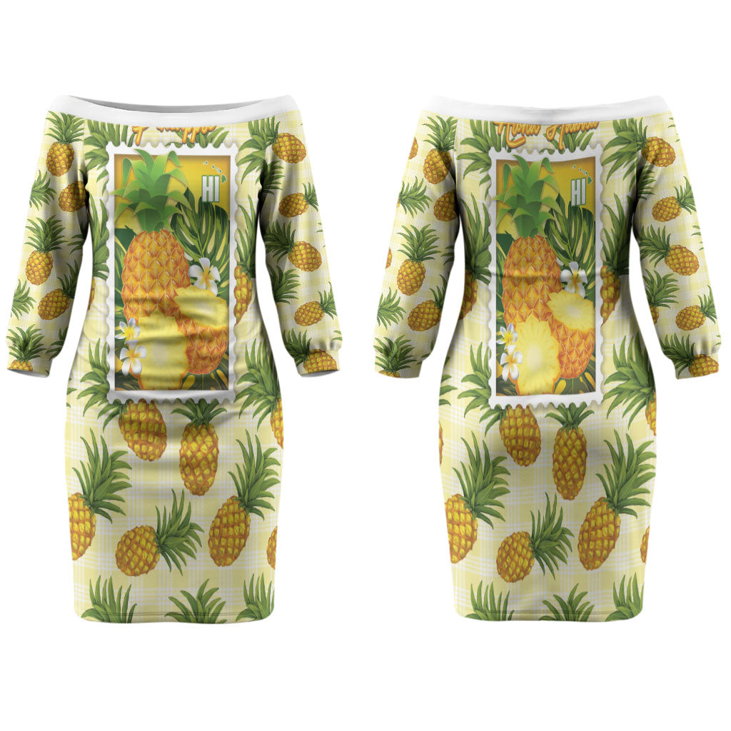 Aloha Hawaii Hala Kahiki Palaka Motifs Family Matching Off The Shoulder Long Sleeve Dress and Hawaiian Shirt Hawaiian Pineapple Stylized Stamp LT14 Mom's Dress Yellow - Polynesian Pride