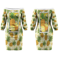 Aloha Hawaii Hala Kahiki Palaka Motifs Family Matching Off The Shoulder Long Sleeve Dress and Hawaiian Shirt Hawaiian Pineapple Stylized Stamp LT14 Mom's Dress Yellow - Polynesian Pride