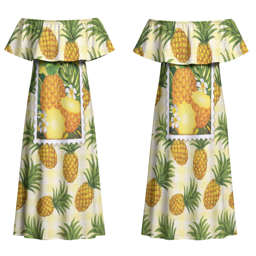 Aloha Hawaii Hala Kahiki Palaka Motifs Family Matching Off Shoulder Maxi Dress and Hawaiian Shirt Hawaiian Pineapple Stylized Stamp LT14 Mom's Dress Yellow - Polynesian Pride