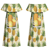 Aloha Hawaii Hala Kahiki Palaka Motifs Family Matching Off Shoulder Maxi Dress and Hawaiian Shirt Hawaiian Pineapple Stylized Stamp LT14 Mom's Dress Yellow - Polynesian Pride