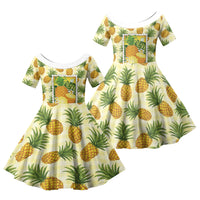 Aloha Hawaii Hala Kahiki Palaka Motifs Family Matching Off Shoulder Maxi Dress and Hawaiian Shirt Hawaiian Pineapple Stylized Stamp LT14 Daughter's Dress Yellow - Polynesian Pride