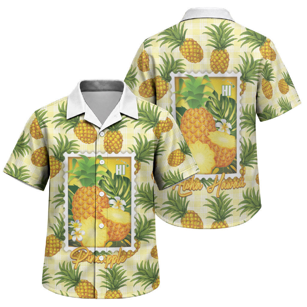 Aloha Hawaii Hala Kahiki Palaka Motifs Family Matching Off Shoulder Maxi Dress and Hawaiian Shirt Hawaiian Pineapple Stylized Stamp LT14 Son's Shirt Yellow - Polynesian Pride