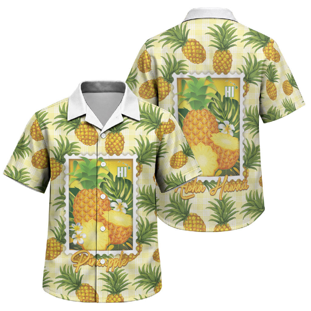 Aloha Hawaii Hala Kahiki Palaka Motifs Family Matching Puletasi and Hawaiian Shirt Hawaiian Pineapple Stylized Stamp LT14 Son's Shirt Yellow - Polynesian Pride