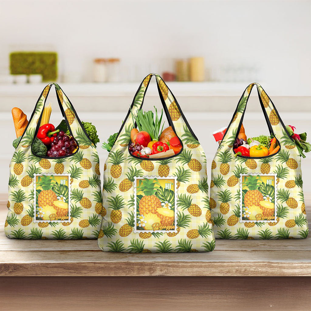 Aloha Hawaii Hala Kahiki Palaka Motifs Grocery Bag Hawaiian Pineapple Stylized Stamp LT14 3-pack One Size Yellow - Polynesian Pride