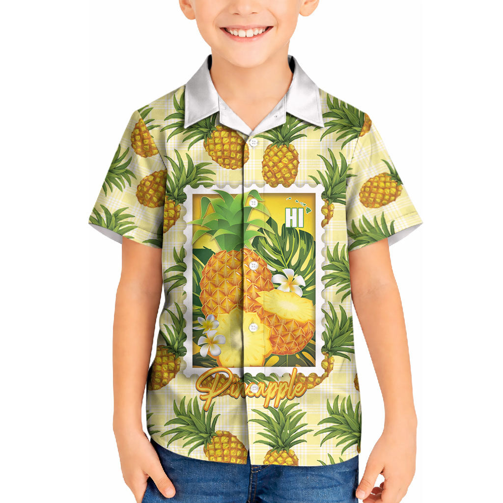 Aloha Hawaii Hala Kahiki Palaka Motifs Kid Hawaiian Shirt Hawaiian Pineapple Stylized Stamp LT14 Kid Yellow - Polynesian Pride