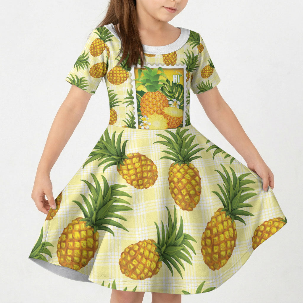 Aloha Hawaii Hala Kahiki Palaka Motifs Kid Short Sleeve Dress Hawaiian Pineapple Stylized Stamp LT14 KID Yellow - Polynesian Pride