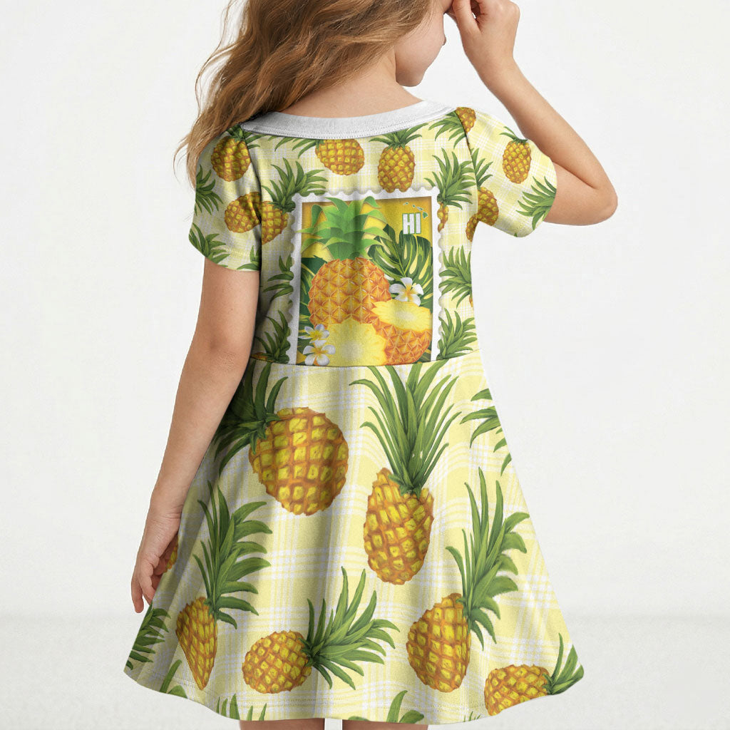 Aloha Hawaii Hala Kahiki Palaka Motifs Kid Short Sleeve Dress Hawaiian Pineapple Stylized Stamp LT14 - Polynesian Pride