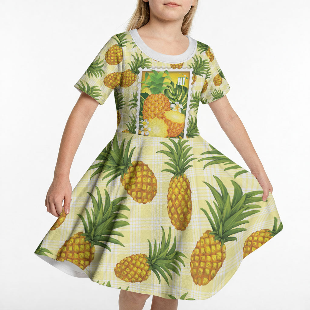 Aloha Hawaii Hala Kahiki Palaka Motifs Kid Short Sleeve Dress Hawaiian Pineapple Stylized Stamp LT14 - Polynesian Pride