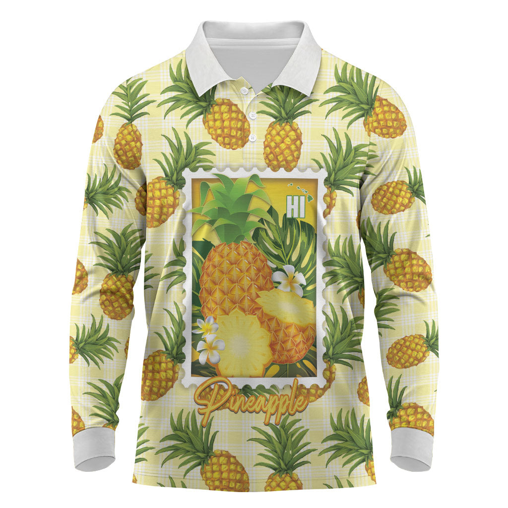 Aloha Hawaii Hala Kahiki Palaka Motifs Long Sleeve Polo Shirt Hawaiian Pineapple Stylized Stamp LT14 Yellow - Polynesian Pride