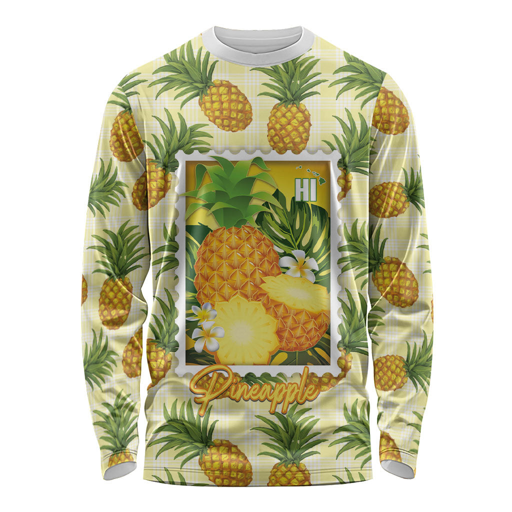 Aloha Hawaii Hala Kahiki Palaka Motifs Long Sleeve Shirt Hawaiian Pineapple Stylized Stamp LT14 Unisex Yellow - Polynesian Pride