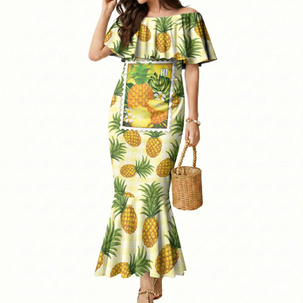 Aloha Hawaii Hala Kahiki Palaka Motifs Mermaid Dress Hawaiian Pineapple Stylized Stamp