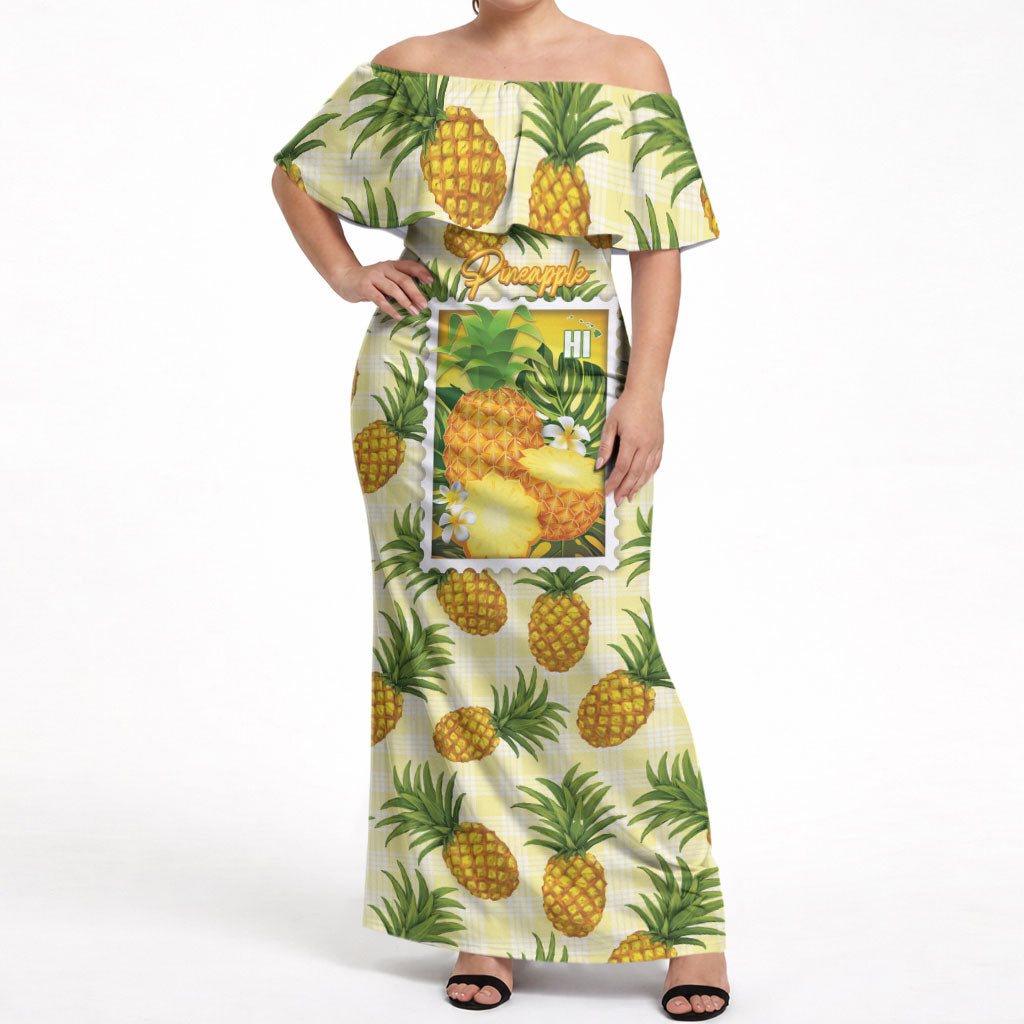 Aloha Hawaii Hala Kahiki Palaka Motifs Off Shoulder Maxi Dress Hawaiian Pineapple Stylized Stamp