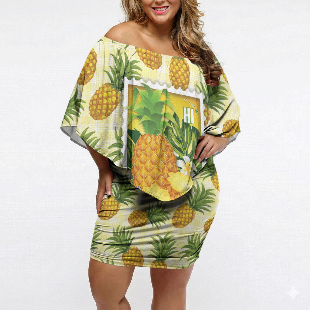 Aloha Hawaii Hala Kahiki Palaka Motifs Off Shoulder Short Dress Hawaiian Pineapple Stylized Stamp