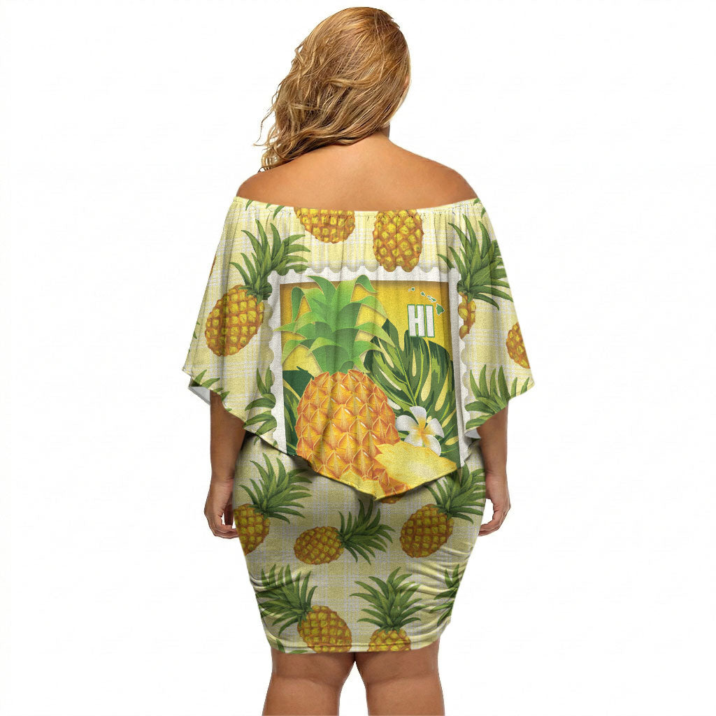 Aloha Hawaii Hala Kahiki Palaka Motifs Off Shoulder Short Dress Hawaiian Pineapple Stylized Stamp LT14 - Polynesian Pride