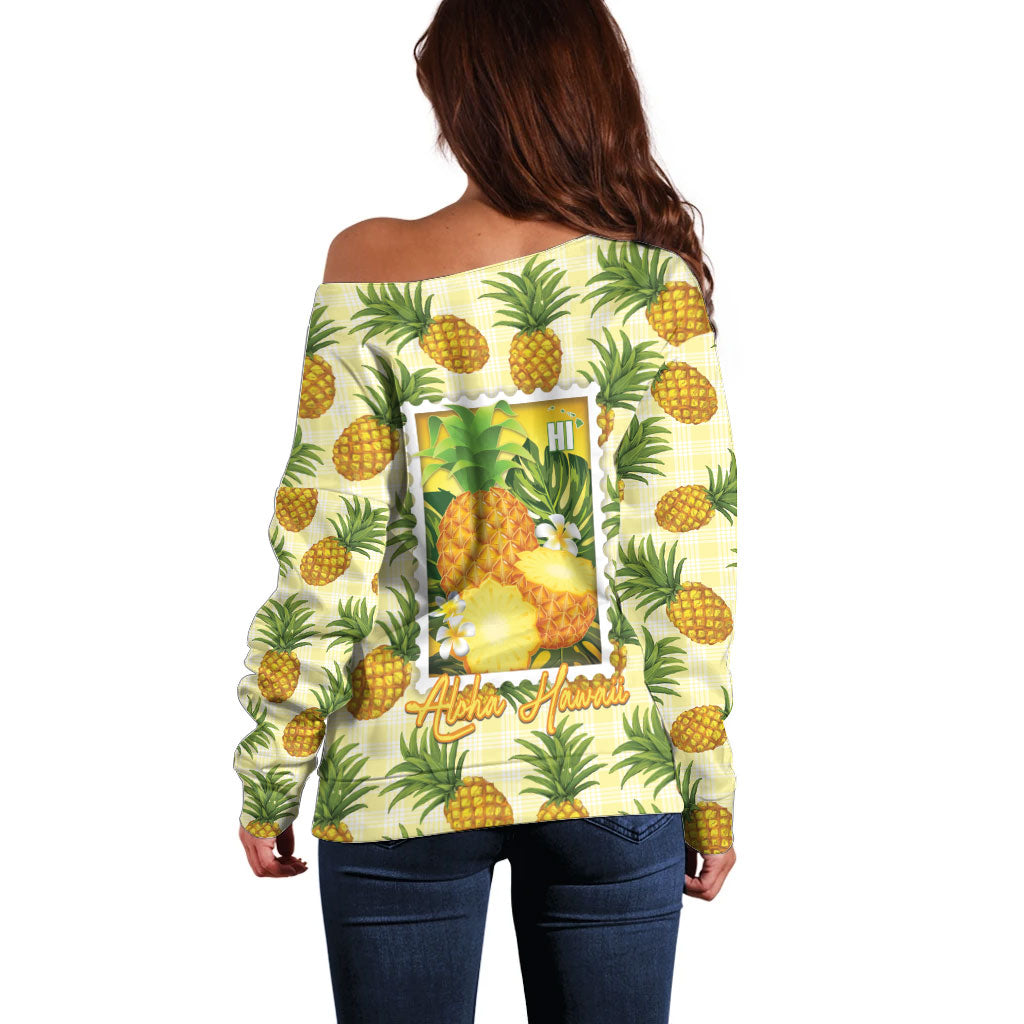 Aloha Hawaii Hala Kahiki Palaka Motifs Off Shoulder Sweater Hawaiian Pineapple Stylized Stamp LT14 - Polynesian Pride