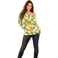 Aloha Hawaii Hala Kahiki Palaka Motifs Off Shoulder Sweater Hawaiian Pineapple Stylized Stamp LT14 - Polynesian Pride