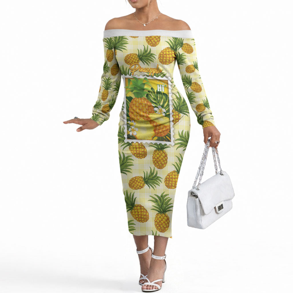 Aloha Hawaii Hala Kahiki Palaka Motifs Off The Shoulder Long Sleeve Dress Hawaiian Pineapple Stylized Stamp LT14 Women Yellow - Polynesian Pride