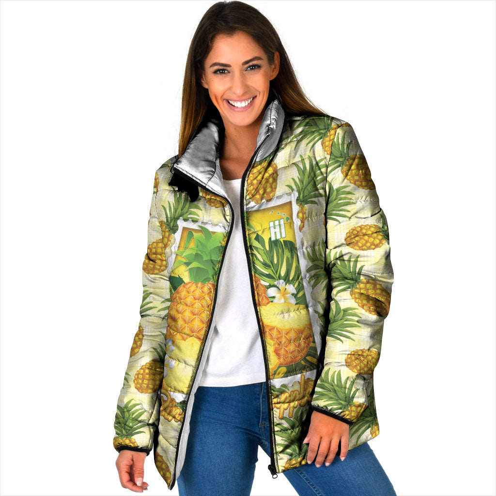 Aloha Hawaii Hala Kahiki Palaka Motifs Padded Jacket Hawaiian Pineapple Stylized Stamp LT14 Women Yellow - Polynesian Pride