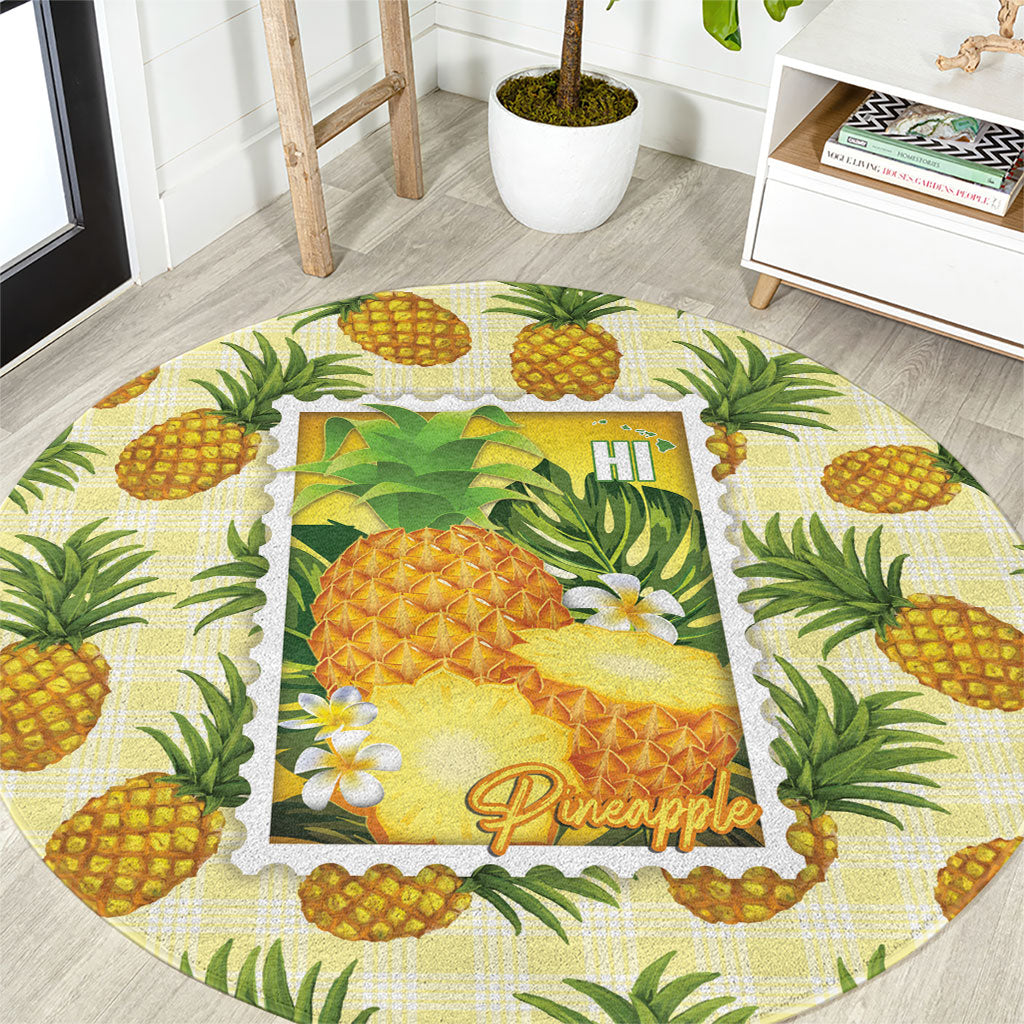 Aloha Hawaii Hala Kahiki Palaka Motifs Round Carpet Hawaiian Pineapple Stylized Stamp LT14 Yellow - Polynesian Pride