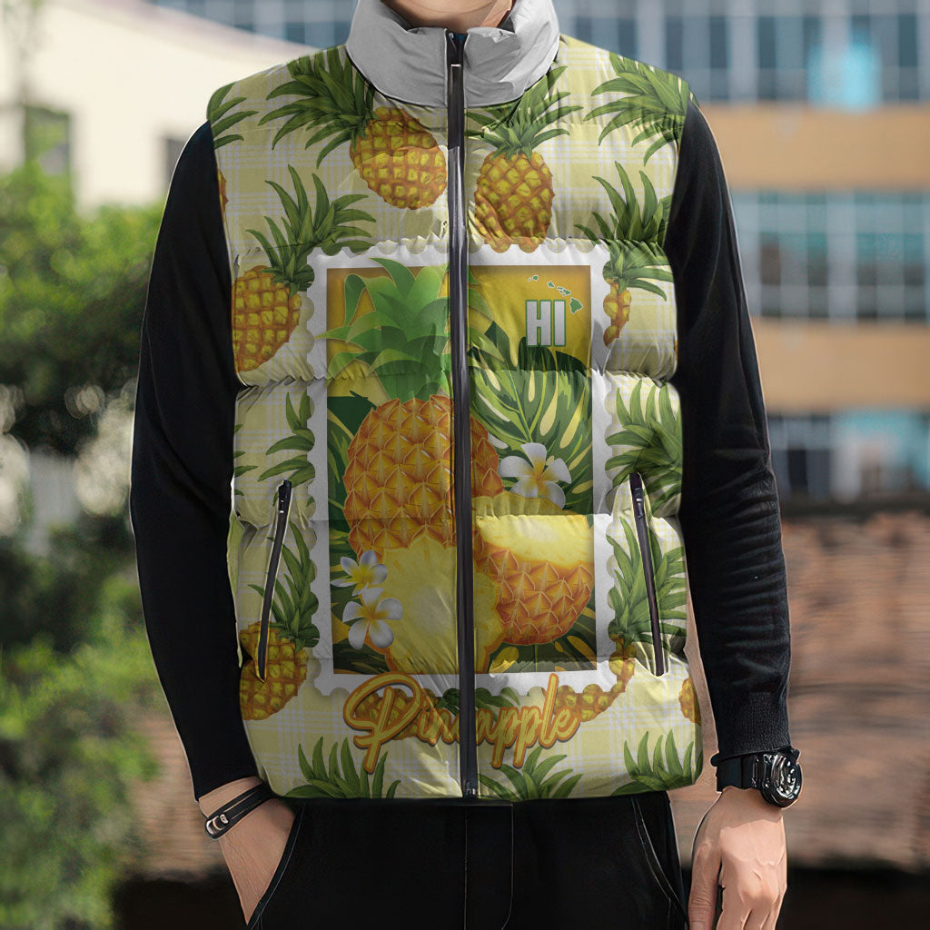 Aloha Hawaii Hala Kahiki Palaka Motifs Sleeveless Puffer Jacket Hawaiian Pineapple Stylized Stamp LT14 - Polynesian Pride