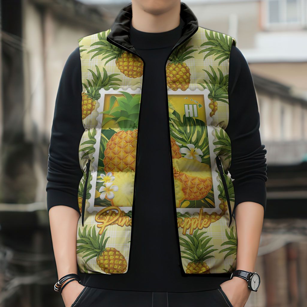 Aloha Hawaii Hala Kahiki Palaka Motifs Sleeveless Puffer Jacket Hawaiian Pineapple Stylized Stamp LT14 - Polynesian Pride