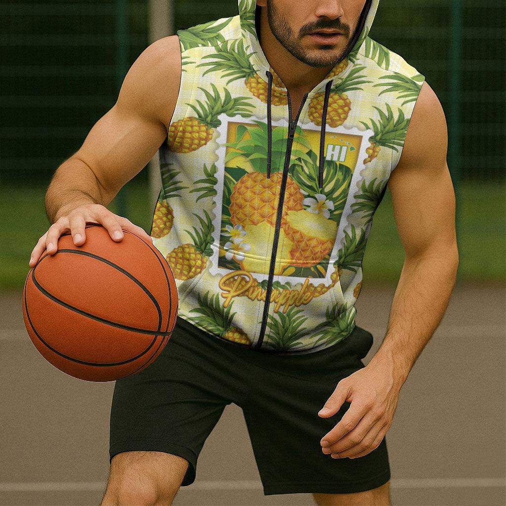 Aloha Hawaii Hala Kahiki Palaka Motifs Sleeveless Zip Hoodie Hawaiian Pineapple Stylized Stamp LT14 - Polynesian Pride