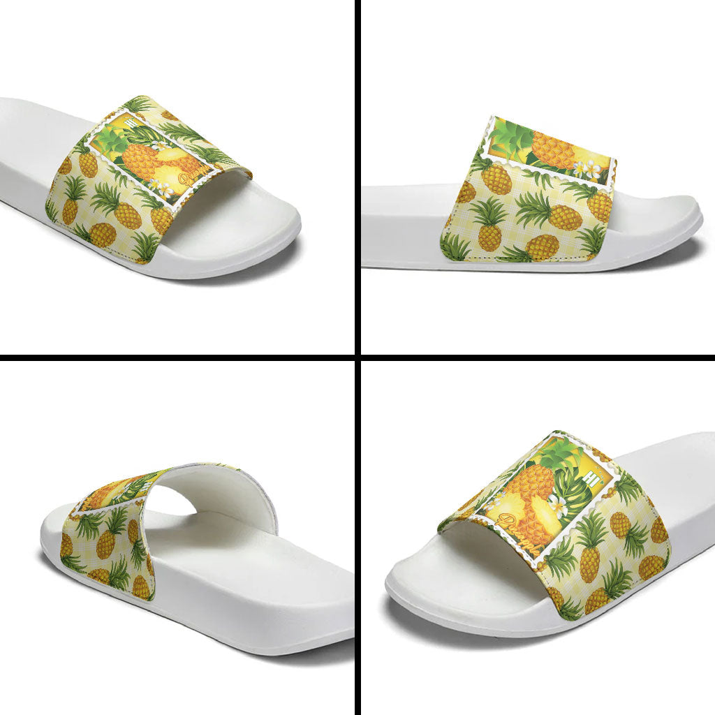 Aloha Hawaii Hala Kahiki Palaka Motifs Slide Sandals Hawaiian Pineapple Stylized Stamp LT14 - Polynesian Pride