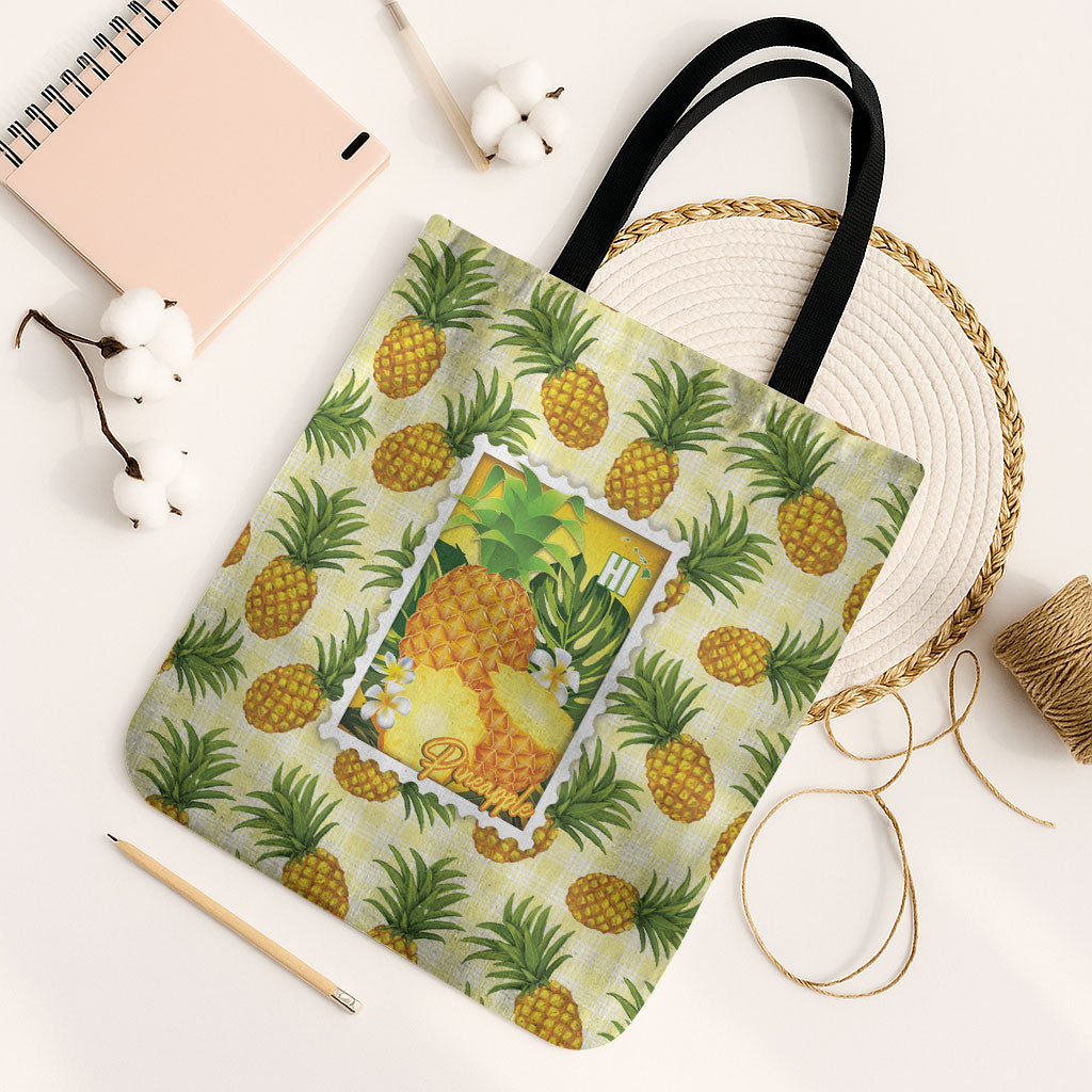 Aloha Hawaii Hala Kahiki Palaka Motifs Tote Bag Hawaiian Pineapple Stylized Stamp LT14 Black Strap One Size Yellow - Polynesian Pride