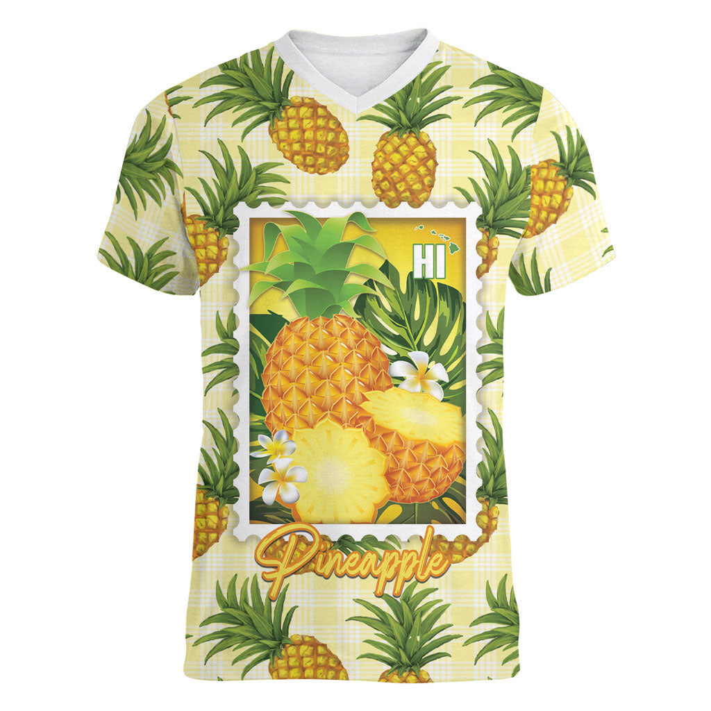 Aloha Hawaii Hala Kahiki Palaka Motifs Women V-Neck T-Shirt Hawaiian Pineapple Stylized Stamp LT14 Female Yellow - Polynesian Pride