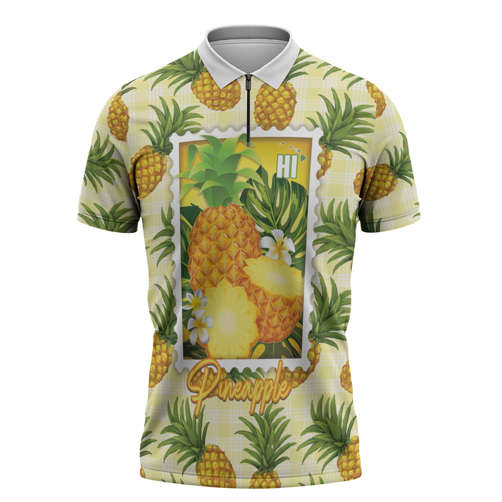 Aloha Hawaii Hala Kahiki Palaka Motifs Zipper Polo Shirt Hawaiian Pineapple Stylized Stamp LT14 Yellow - Polynesian Pride
