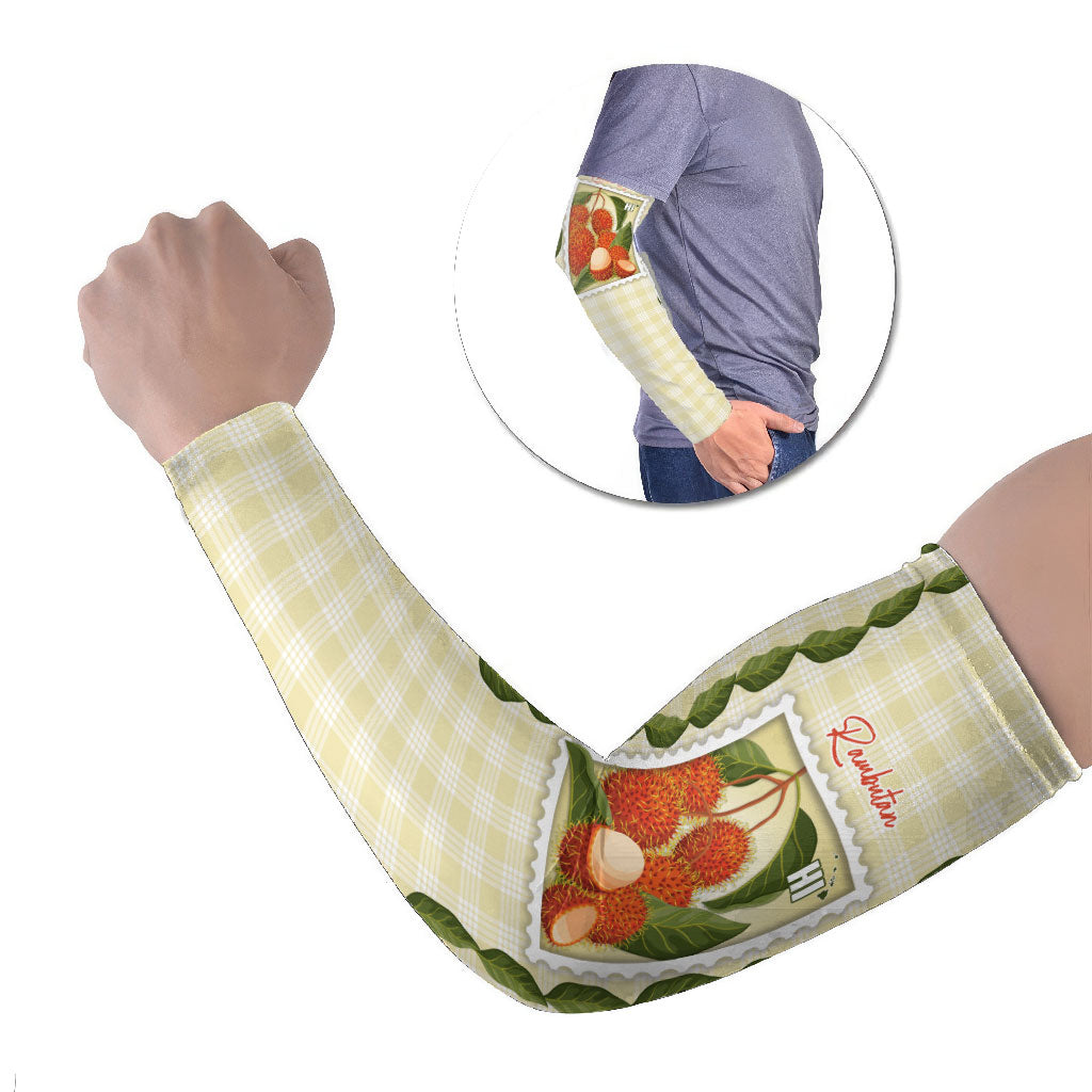 Aloha Hawaii Rambutan Palaka Motifs Arm Sleeves Hawaiian Fruit Stylized Stamp LT14 Set of 2 Yellow - Polynesian Pride