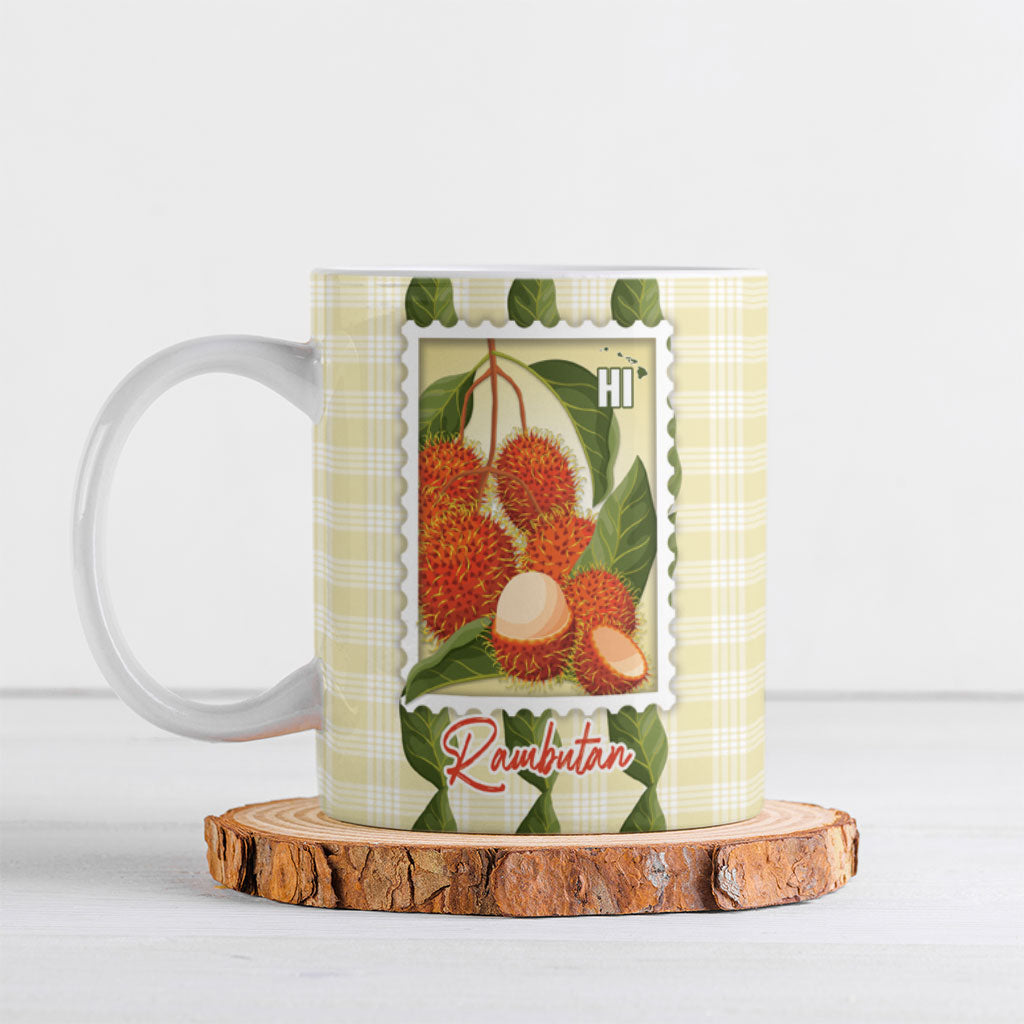 Aloha Hawaii Rambutan Palaka Motifs Ceramic Mug Hawaiian Fruit Stylized Stamp LT14 Yellow - Polynesian Pride
