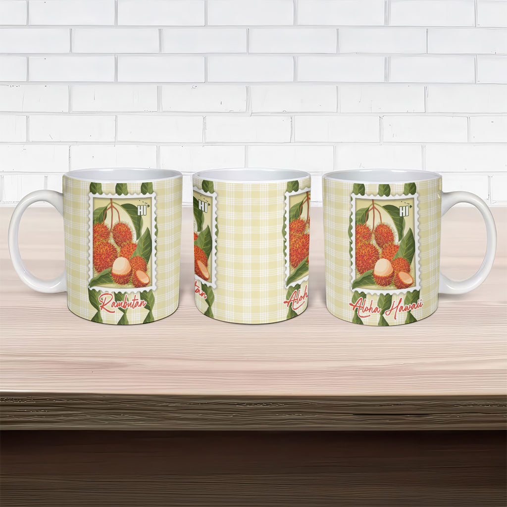 Aloha Hawaii Rambutan Palaka Motifs Ceramic Mug Hawaiian Fruit Stylized Stamp LT14 - Polynesian Pride