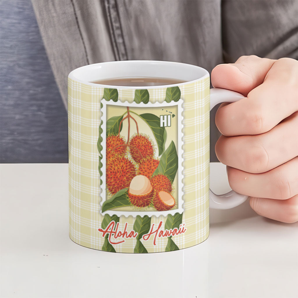 Aloha Hawaii Rambutan Palaka Motifs Ceramic Mug Hawaiian Fruit Stylized Stamp LT14 - Polynesian Pride