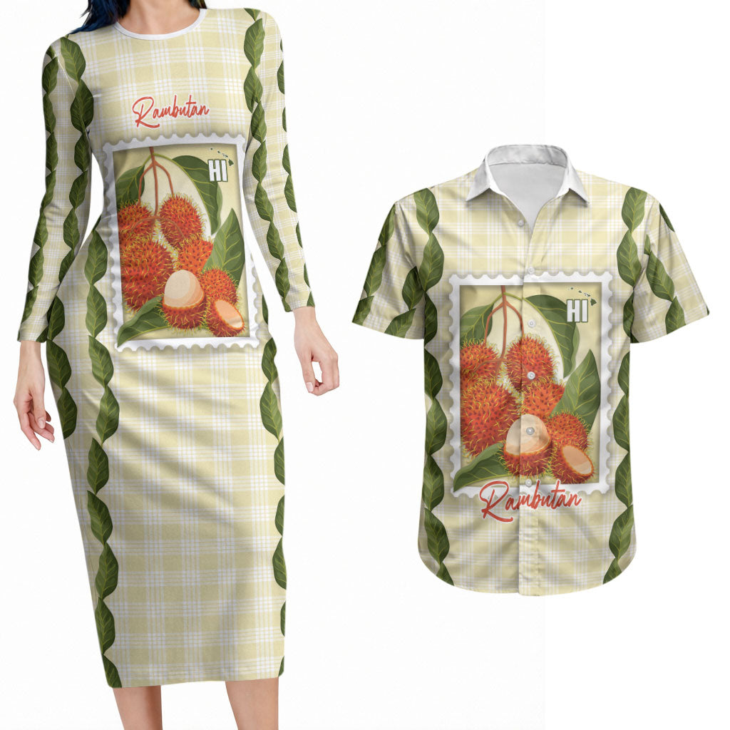 Aloha Hawaii Rambutan Palaka Motifs Couples Matching Long Sleeve Bodycon Dress and Hawaiian Shirt Hawaiian Fruit Stylized Stamp LT14 Yellow - Polynesian Pride