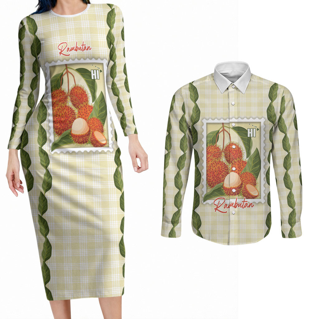 Aloha Hawaii Rambutan Palaka Motifs Couples Matching Long Sleeve Bodycon Dress and Long Sleeve Button Shirt Hawaiian Fruit Stylized Stamp LT14 Yellow - Polynesian Pride