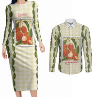 Aloha Hawaii Rambutan Palaka Motifs Couples Matching Long Sleeve Bodycon Dress and Long Sleeve Button Shirt Hawaiian Fruit Stylized Stamp LT14 Yellow - Polynesian Pride