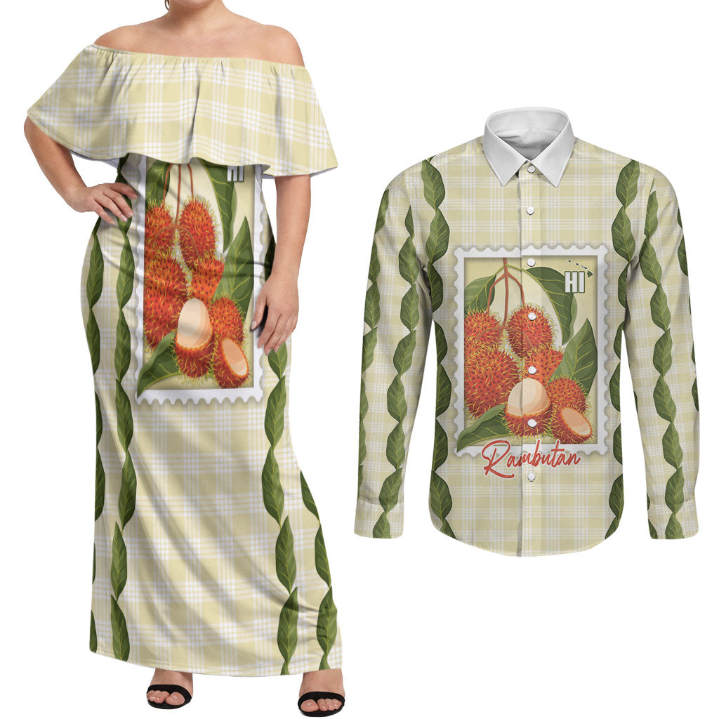 Aloha Hawaii Rambutan Palaka Motifs Couples Matching Off Shoulder Maxi Dress and Long Sleeve Button Shirt Hawaiian Fruit Stylized Stamp