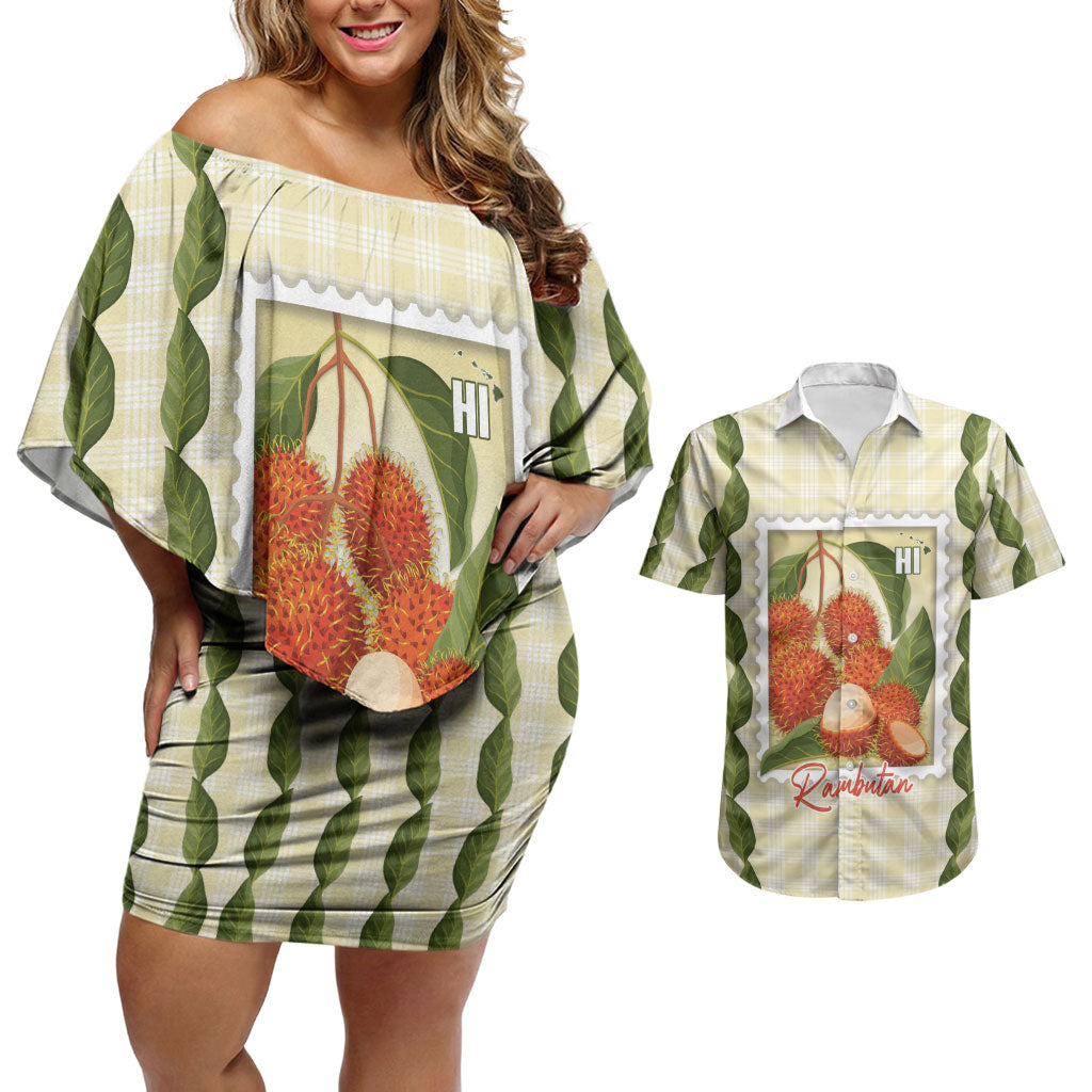 Aloha Hawaii Rambutan Palaka Motifs Couples Matching Off Shoulder Short Dress and Hawaiian Shirt Hawaiian Fruit Stylized Stamp LT14 Yellow - Polynesian Pride